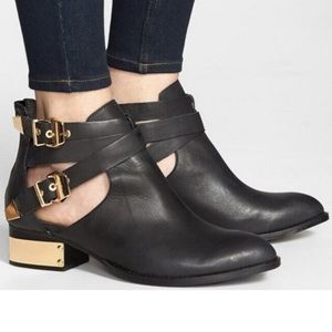 JEFFREY CAMPBELL Women's Everly Leather Black Gold Cut-Out Buckle Boots 5.5